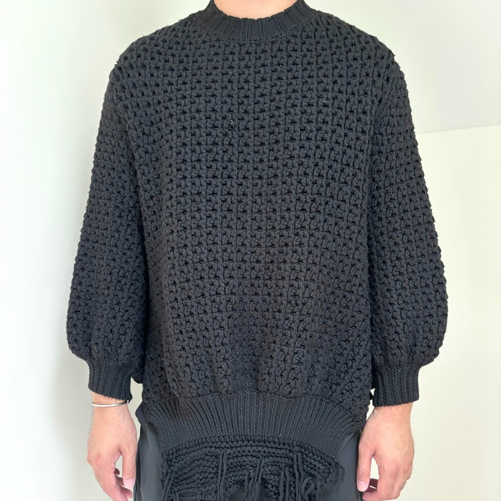 Simone Rocha 100% Wool Fringe Sweater with Balloon Sleeves Open Sides